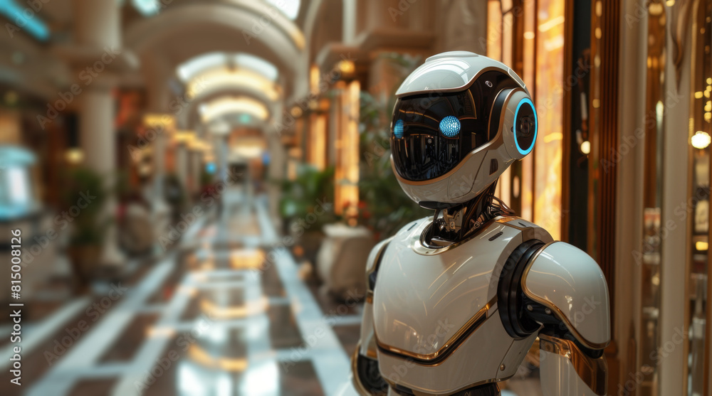 A robot is positioned in the center of a hallway, seemingly paused in its movement. A robot is positioned in the center of a hallway, seemingly paused in its movement.