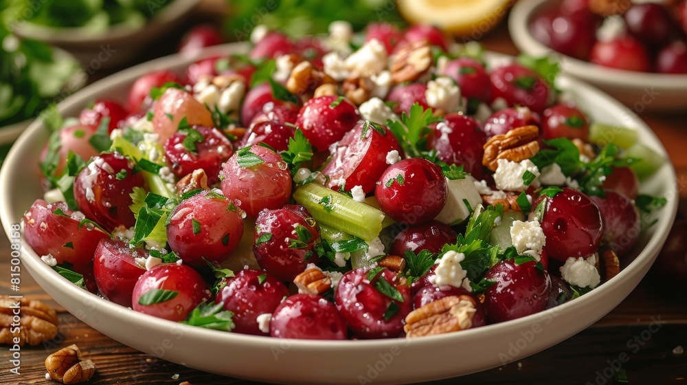 Salad of fresh grapes, celery, walnuts and crumbled feta cheese, with lemon and honey dressing. Salad of fresh grapes, celery, walnuts and crumbled feta cheese, with lemon and honey dressing.