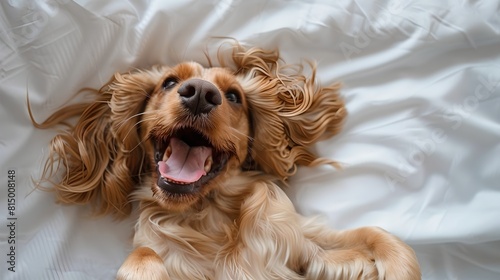 Happy dog lounging on bed with joyful expression. Casual indoor pet photography. Perfect for family and lifestyle projects. Cocker Spaniel enjoying a lazy day. AI