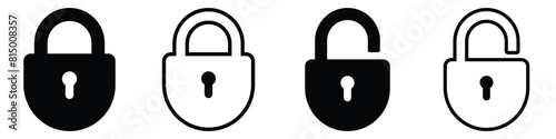 Lock icon collection. Locked and unlocked black line icon set. Vector illustration. Flat security symbol. white background. Set of Silhouette of locked and unlocked padlock.
