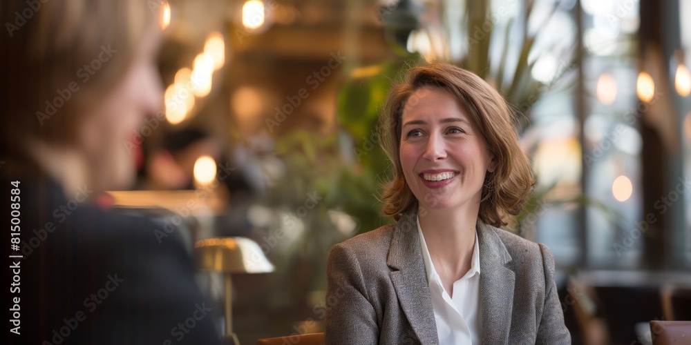 A cheerful businesswoman in a professional setting enjoys a pleasant conversation with a colleague A cheerful businesswoman in a professional setting enjoys a pleasant conversation with a colleague
