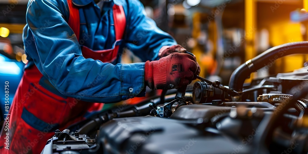 Auto mechanic performing car maintenance and repairs at an auto repair shop. Concept Car maintenance, Auto repair shop, Mechanic at work, Vehicle servicing, Automotive technician