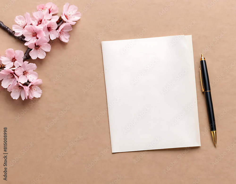 Greeting card, invitation card Concept template. Empty white paper with sakura flower beside the paper Greeting card, invitation card Concept template. Empty white paper with sakura flower beside the paper