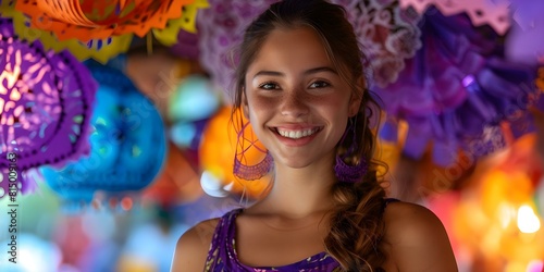Woman in her youth surrounded by papel picado decorations at a festive event. Concept Feminine Portrait  Festive Atmosphere  Traditional Culture  Bright Colours  Youthful Energy