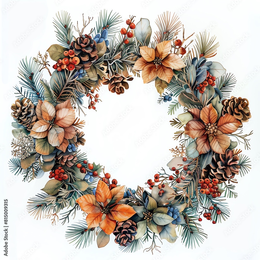 Fototapeta premium Watercolor and metallic Christmas wreath, crisply isolated for holiday banners on white