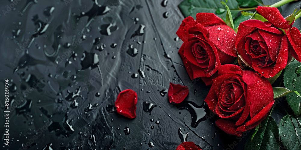 Red roses on dark background poster. Beautiful red flowers with water ...