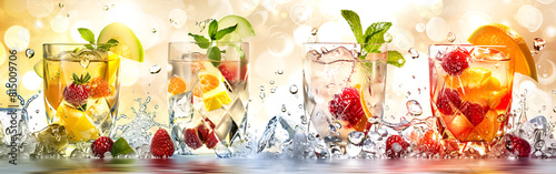 Banner with bright juicy summer cocktails,Set of various cold summer cocktails - peach tea, lemonade