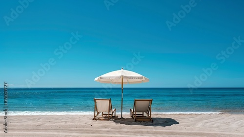 Clear blue skies and calm waters frame three beach chairs under a white umbrella.