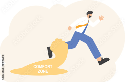 a man tries to get out of a comfort zone but is held back by hands. trying to get out of habits and routines. change and develop themselves. cartoon concept illustration. vector design

