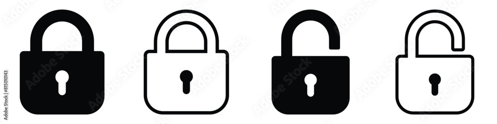 Lock icon collection. Locked and unlocked black line icon set. Vector illustration. Flat security symbol. white background. Set of Silhouette of locked and unlocked padlock.
Lock icon collection. Locked and unlocked black line icon set. Vector illustration. Flat security symbol. white background. Set of Silhouette of locked and unlocked padlock.