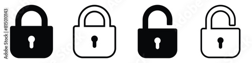 Lock icon collection. Locked and unlocked black line icon set. Vector illustration. Flat security symbol. white background. Set of Silhouette of locked and unlocked padlock.
