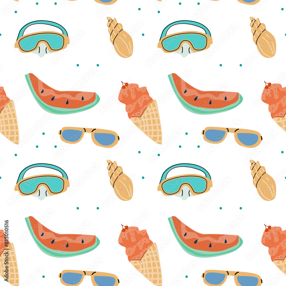Obraz premium Summer vacation seamless pattern with beach elements and accessories. Can used for print for textile, wallpaper, backdrops.