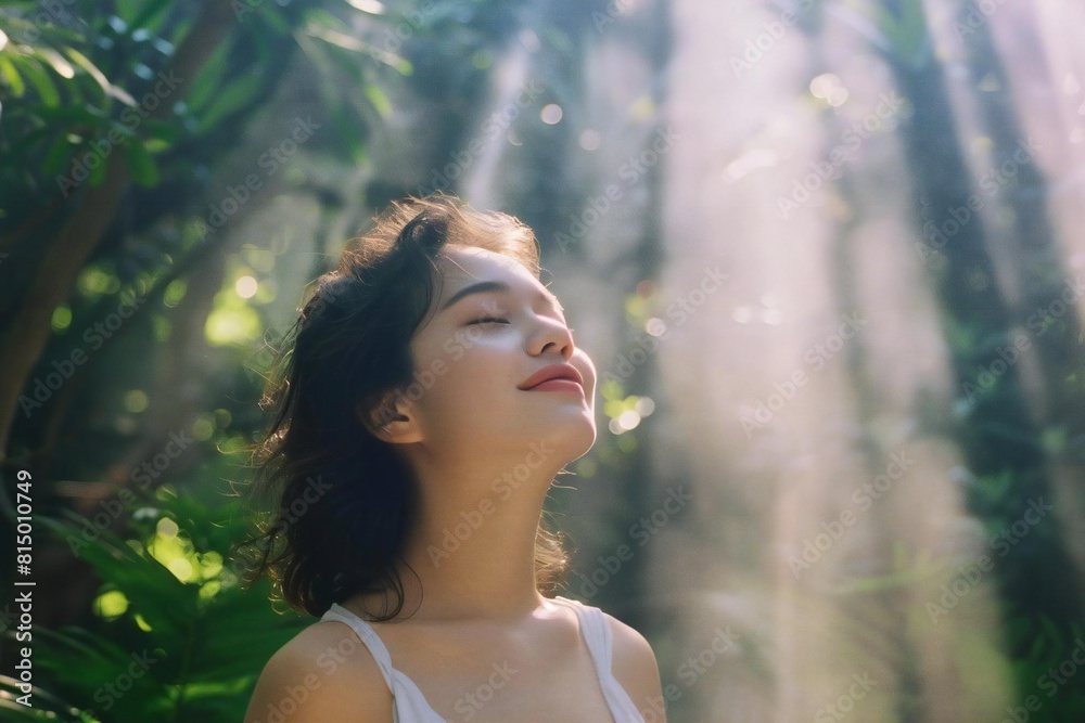 Naklejka premium Serene Young Woman Enjoying Sunlight Outdoors