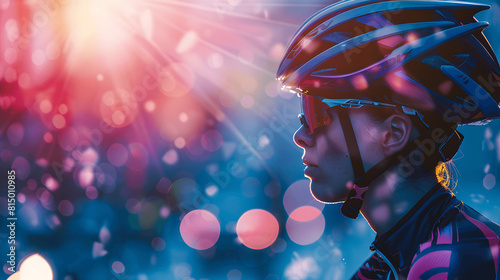 portrait of bicycle athlete wearing aero helmet focus close up bicycle racer wallpaper copy space photo