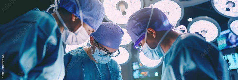 A group of surgeons focusing intently during a surgical procedure in a well-lit modern operating room A group of surgeons focusing intently during a surgical procedure in a well-lit modern operating room