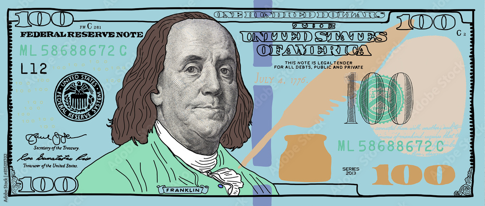 Cartoon hand drawn colorized 100 dollar banknote Stock Illustration ...