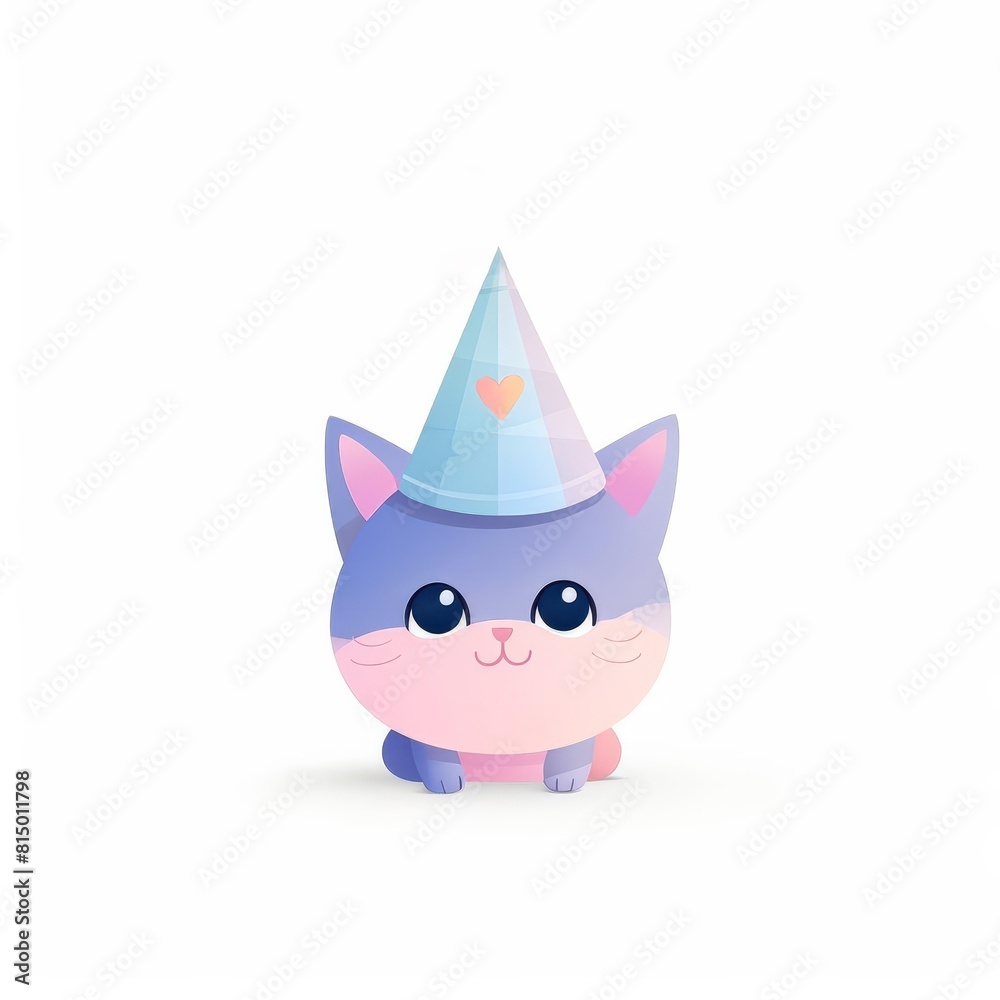 A cute purple and pink cartoon cat wearing a party hat on white background