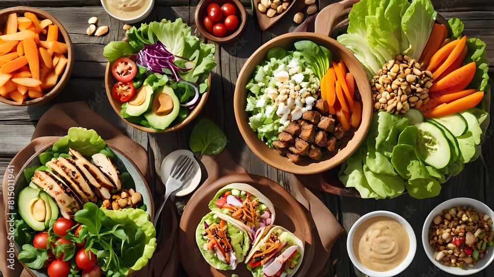 ealthy lunch table scene with nutritious Buddha bowl, lettuce wraps, vegetables, sandwiches and salad. Above view over a wood background ealthy lunch table scene with nutritious Buddha bowl, lettuce wraps, vegetables, sandwiches and salad. Above view over a wood background