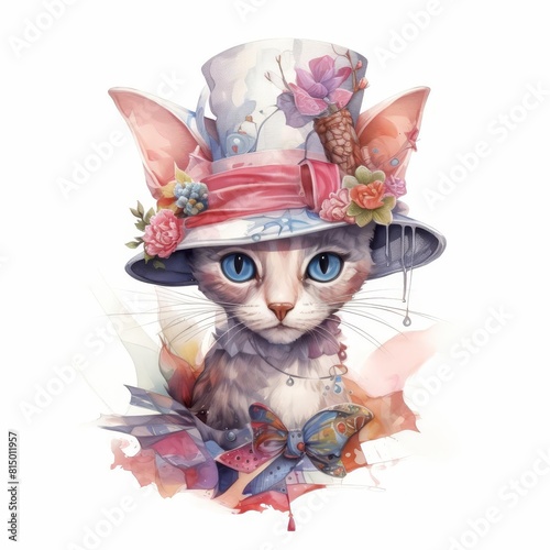 A cute cat wearing a fancy hat with flowers and a pink ribbon watercolor illustration on white background