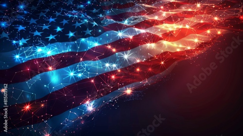 Futuristic neon American flag with glowing red, white, and blue lines on a dark background. Flag Day photo