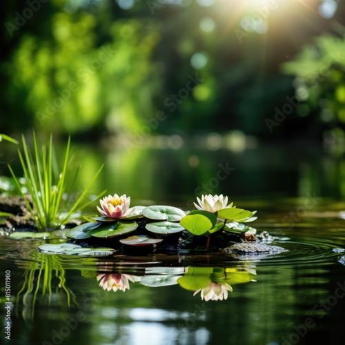 Zen composition with stones and lotus flowers on pond water.