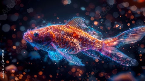 Rendered as a hologram, a fish emerges from polygons, triangles, and lines, forming a low-poly compound structure. This illustration embodies the fusion of marine life with technology. © Elchin Abilov