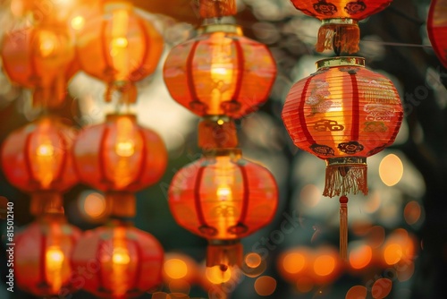 Many red lanterns hang on night at an asian festival