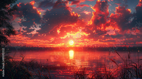  Evening Tranquility: Fiery Sunset over a Quiet Lake © Izzain