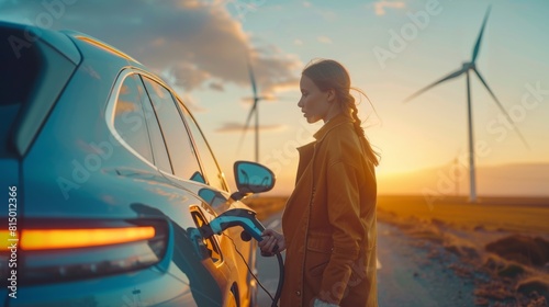 Woman Charging Electric Vehicle photo