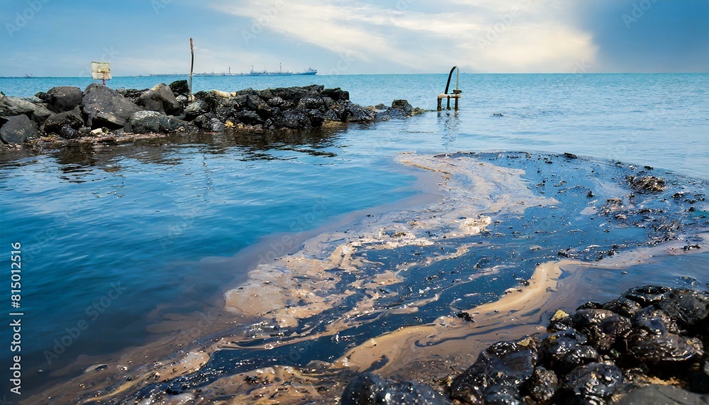 Fototapeta premium photo of spilled oil in the ocean, oil slick, ocean pollution