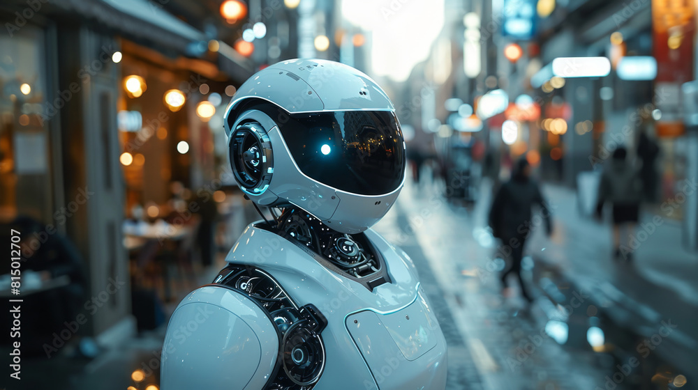 A robot is standing still on a bustling city street, surrounded by buildings and people passing by. A robot is standing still on a bustling city street, surrounded by buildings and people passing by.