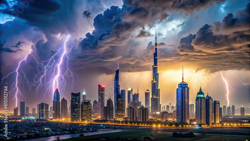 Dubai s urban skyline with a backdrop of thunderstorm and rain