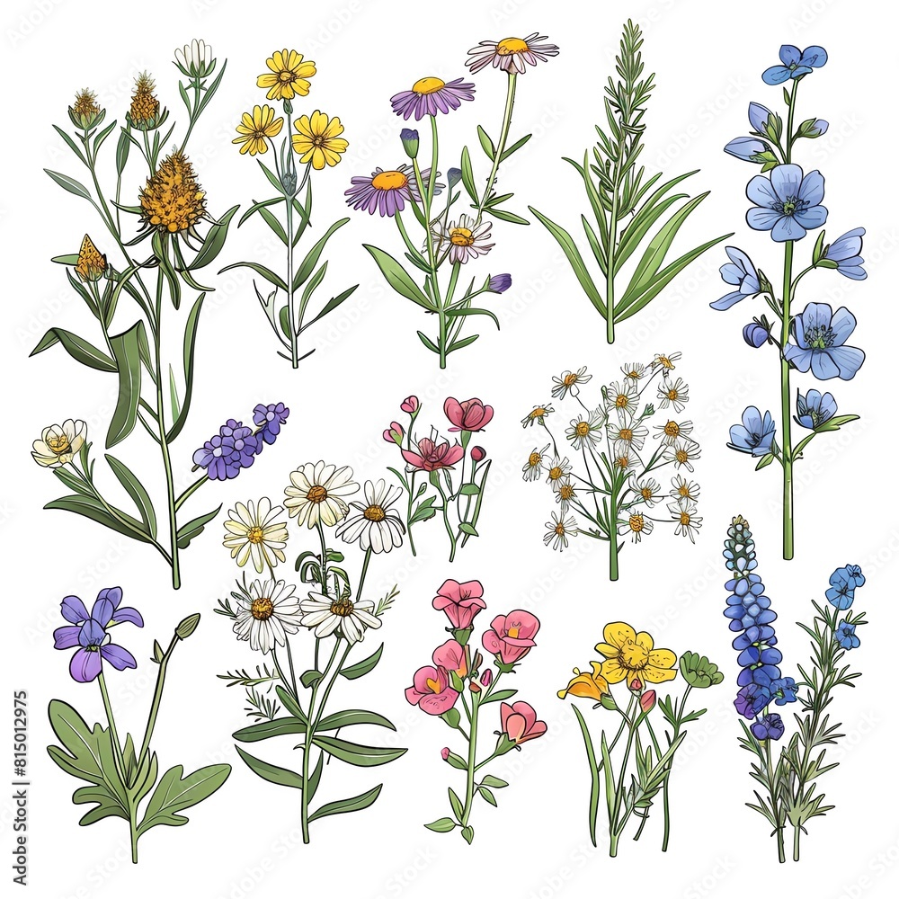 A series of botanical cartoon illustrations showcasing a variety of wild flowers in a modern style, ideal for web graphics or botanical studies. A series of botanical cartoon illustrations showcasing a variety of wild flowers in a modern style, ideal for web graphics or botanical studies.