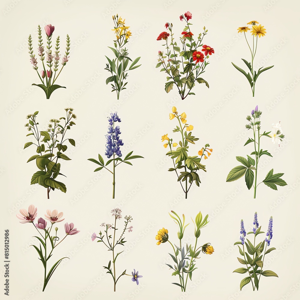 A series of botanical cartoon illustrations showcasing a variety of wild flowers in a modern style, ideal for web graphics or botanical studies. A series of botanical cartoon illustrations showcasing a variety of wild flowers in a modern style, ideal for web graphics or botanical studies.