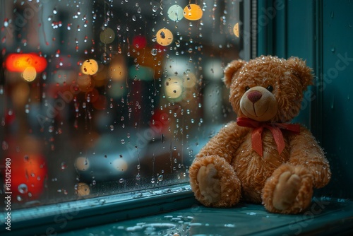 A teddy bear sits on the window sill next to the rain