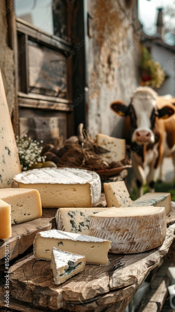 A variety of cheeses are displayed on a wooden table in a charming village setting, with a cow in the background
A variety of cheeses are displayed on a wooden table in a charming village setting, with a cow in the background