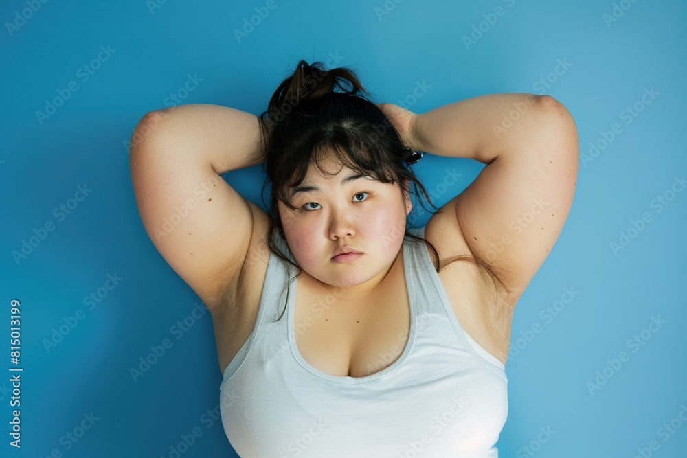 Plus-Size Asian Woman in Tank Top with Blue Background Plus-Size Asian Woman in Tank Top with Blue Background