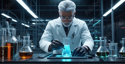 scientist mixing a substance in a beaker. in a white coat. A futuristic laboratory photo