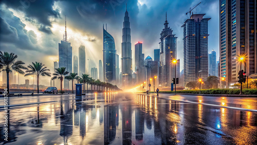 Dubai during a heavy downpour with reflections on the wet pavement photo