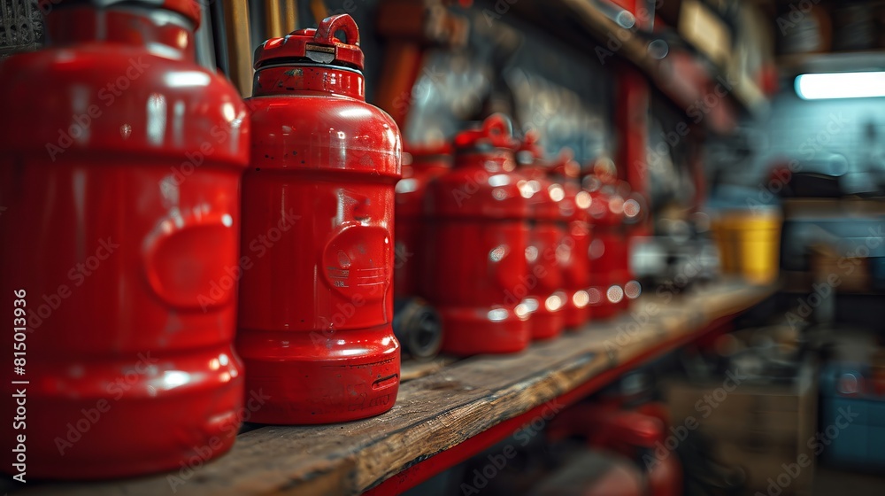 Detailed shot of bright red fuel canisters on a wooden shelf with garage tools in the background. Detailed shot of bright red fuel canisters on a wooden shelf with garage tools in the background.
