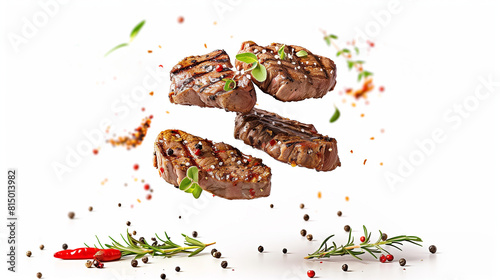 Grilled beef steaks levitate above each other with spices and herbs. frontal view. on white background photo