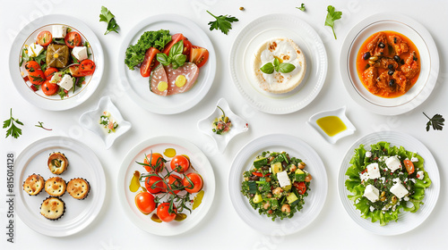 Various circular images with photographs of prepared mediterranean meals on white clean background