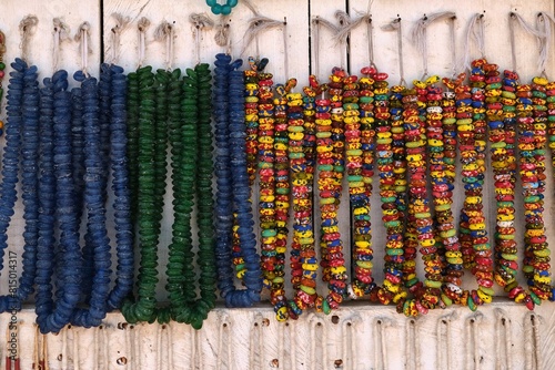 Colourful green black blue red and orange pattern African style beads necklaces