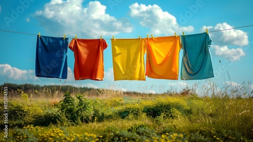 Vibrant Freshly Washed Laundry Hanging on Clothesline in Serene Countryside Landscape