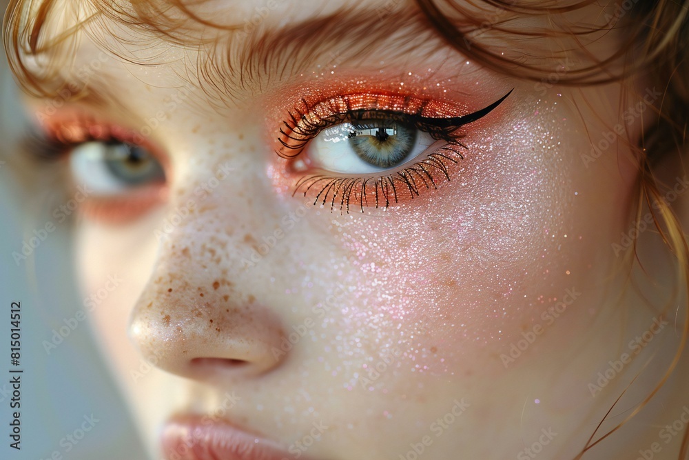 Close up portrait of a beautiful young woman with red eyeshadow