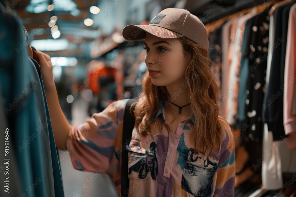 Young woman is browsing through clothing at a retail store, carefully examining a garment with a thoughtful expression, possibly considering a purchase