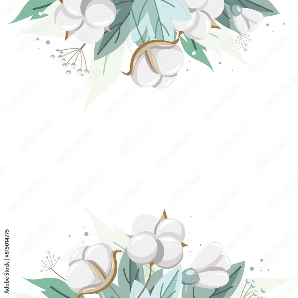 Square background with branches of natural organic cotton plant with leaves drawn in vintage style on a white background. Vector illustration. Square background with branches of natural organic cotton plant with leaves drawn in vintage style on a white background. Vector illustration.