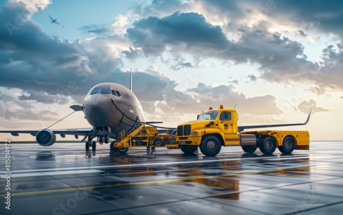 A yellow tow truck pulls a large airplane on an airport tarmac.