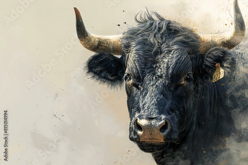 Bull head with big horns on grunge background, animal portrait