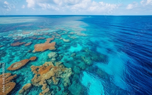 Aerial view of a vibrant coral reef meeting deep blue ocean.